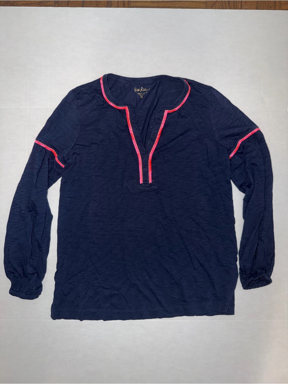 Lilly Pulitzer Navy Long Sleeve Tee with Pink Trim